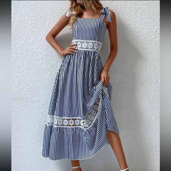 Boho Stripes Floral Lace Strap Tie Shoulder Cami Maxi Dress - Picture 11 of 12